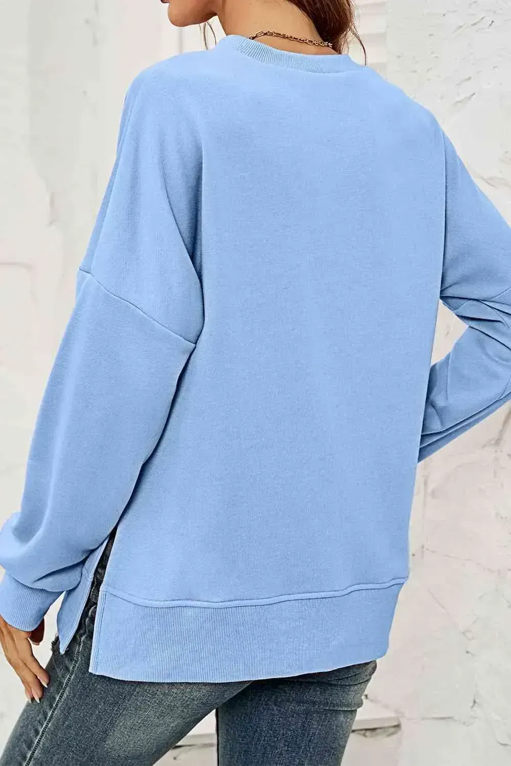 Round Neck  Dropped Shoulder Slit Sweatshirt AC
