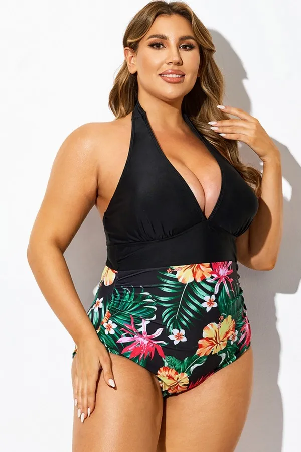 Tropical Floral Print Spliced Halter One Piece Swimsuit