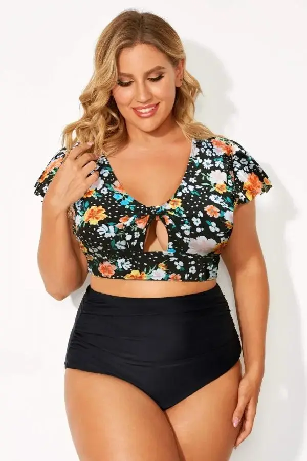 Floral Print V-Neck Retro Women Bikini Top