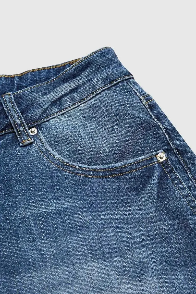 Wash Ripped Roll Hem High Rise Straight Leg Jeans Without Belt