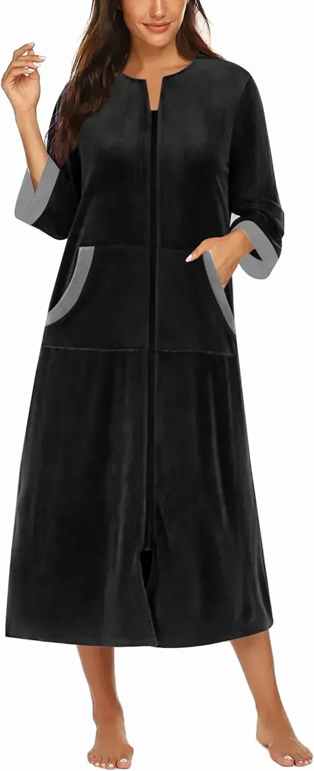 Women Zipper Robe 3/4 Sleeves Loungewear Dress Full Length Sleepwear Pockets Housecoat Nightgown Long Bathrobe