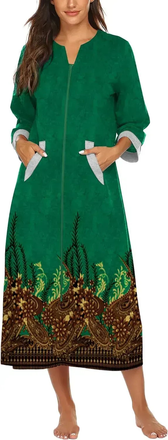 Women Zipper Robe 3/4 Sleeves Loungewear Dress Full Length Sleepwear Pockets Housecoat Nightgown Long Bathrobe