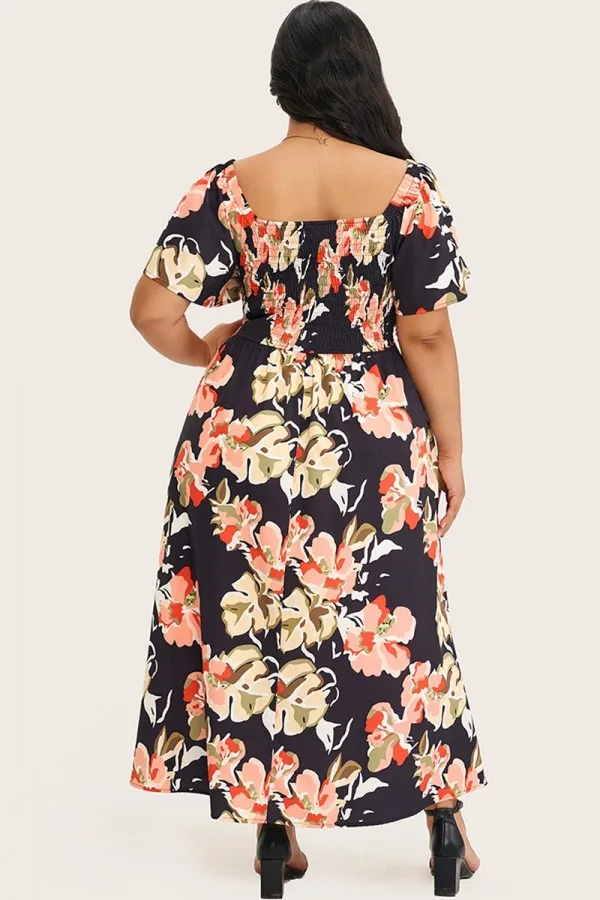 Floral Shirred Square Neck Pocket Maxi Dress