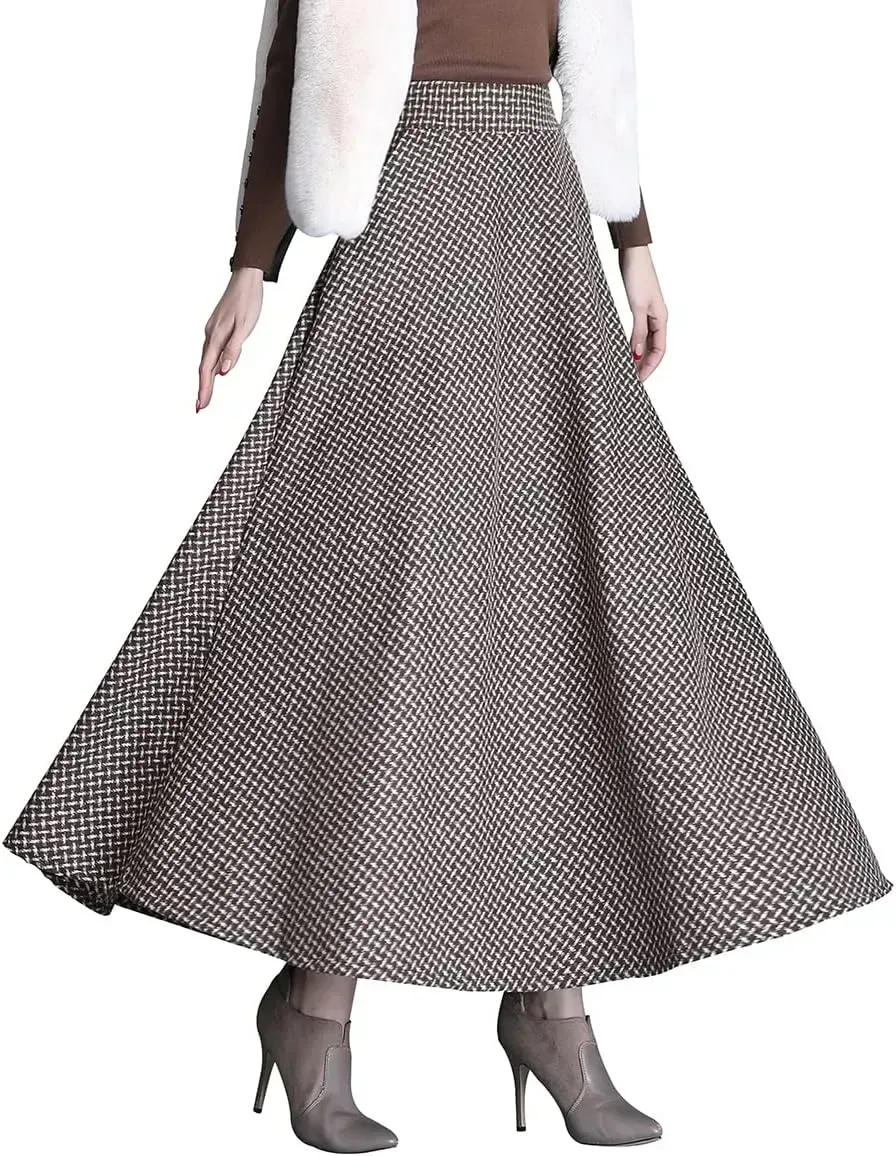 Women's Winter Elegant Warm Long Skirt Wool Maxi Skirts Elastic Waist A-Line High Waist Plaid Pleated Skirt S-3XL
