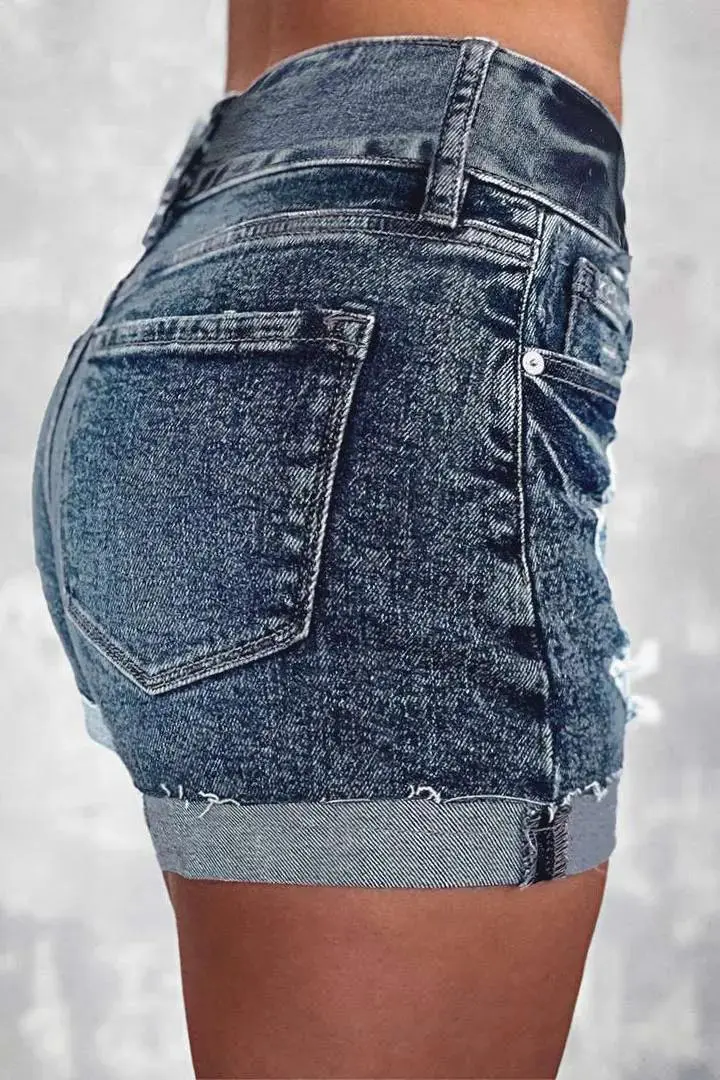 Stripe Ripped Roll Hem Button Fly Denim Shorts