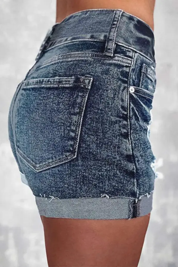 Stripe Ripped Roll Hem Button Fly Denim Shorts