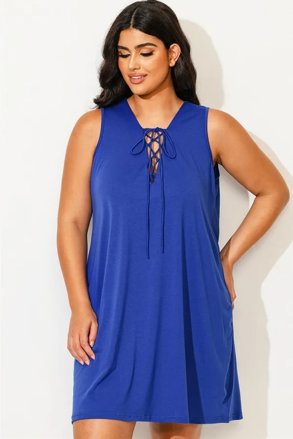 Blue Sleeveless V-Neck Lace Up Cover Up Dress