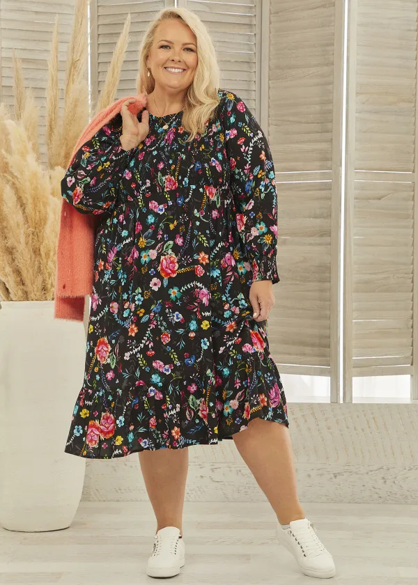 Natural Shirred Floral Dress