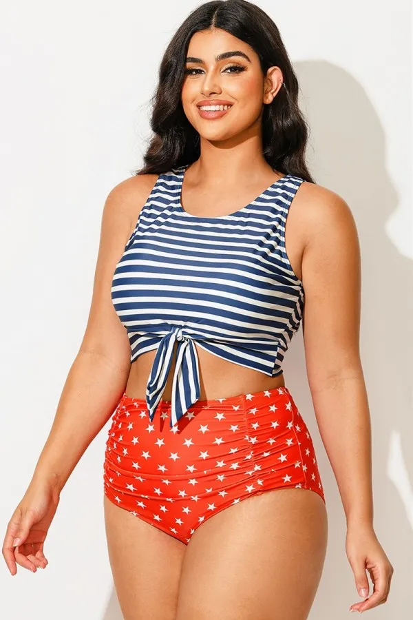 Blue & White Striped Knotted Crop Bikini Top