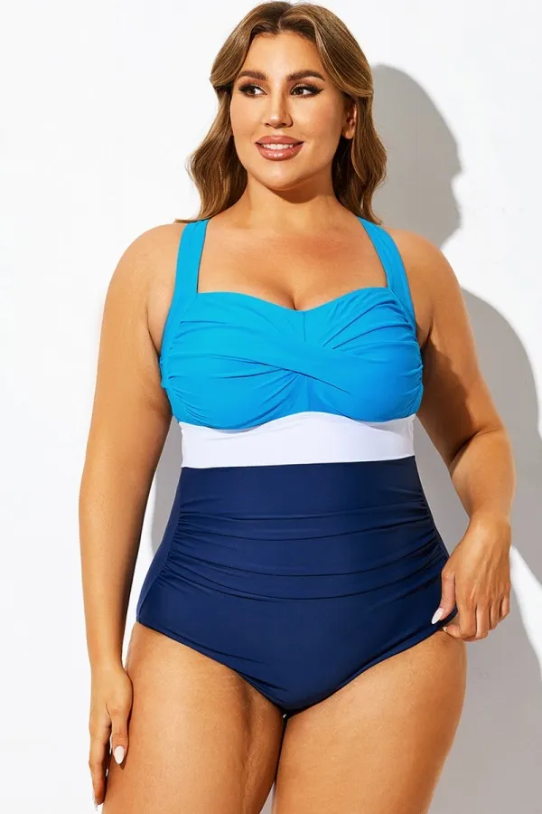 Blue & White Twist Front Skinny One Piece Swimsuit