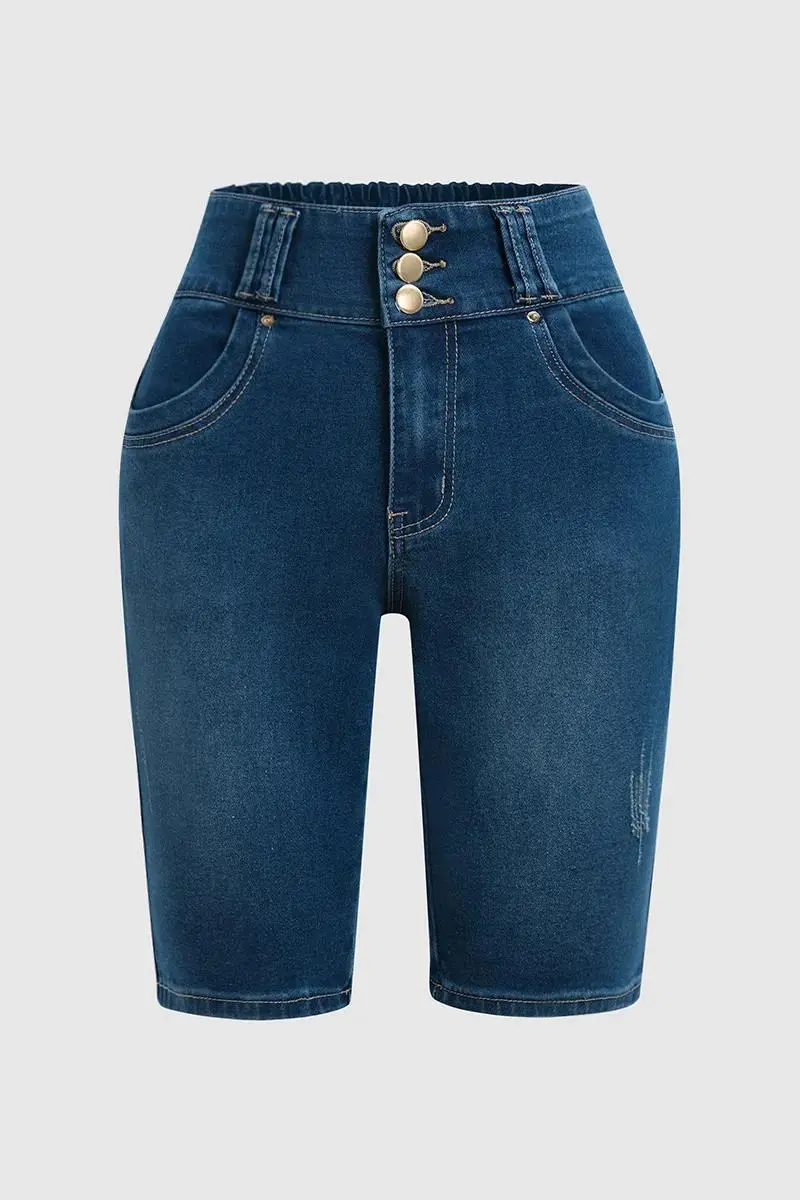 Wash Button Up Elastic High Waist Denim Bermuda Shorts