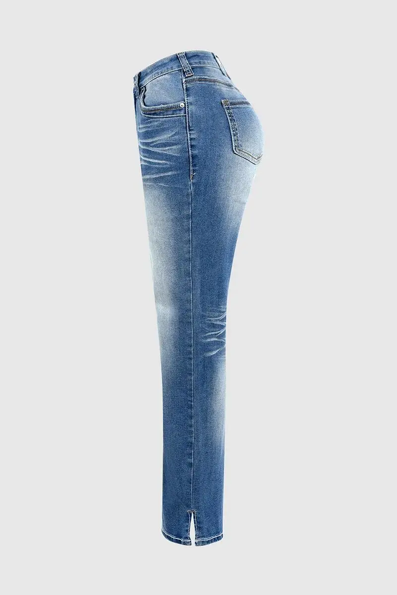Washed Stretchy Split Hem Mid Rise Bootcut Jeans