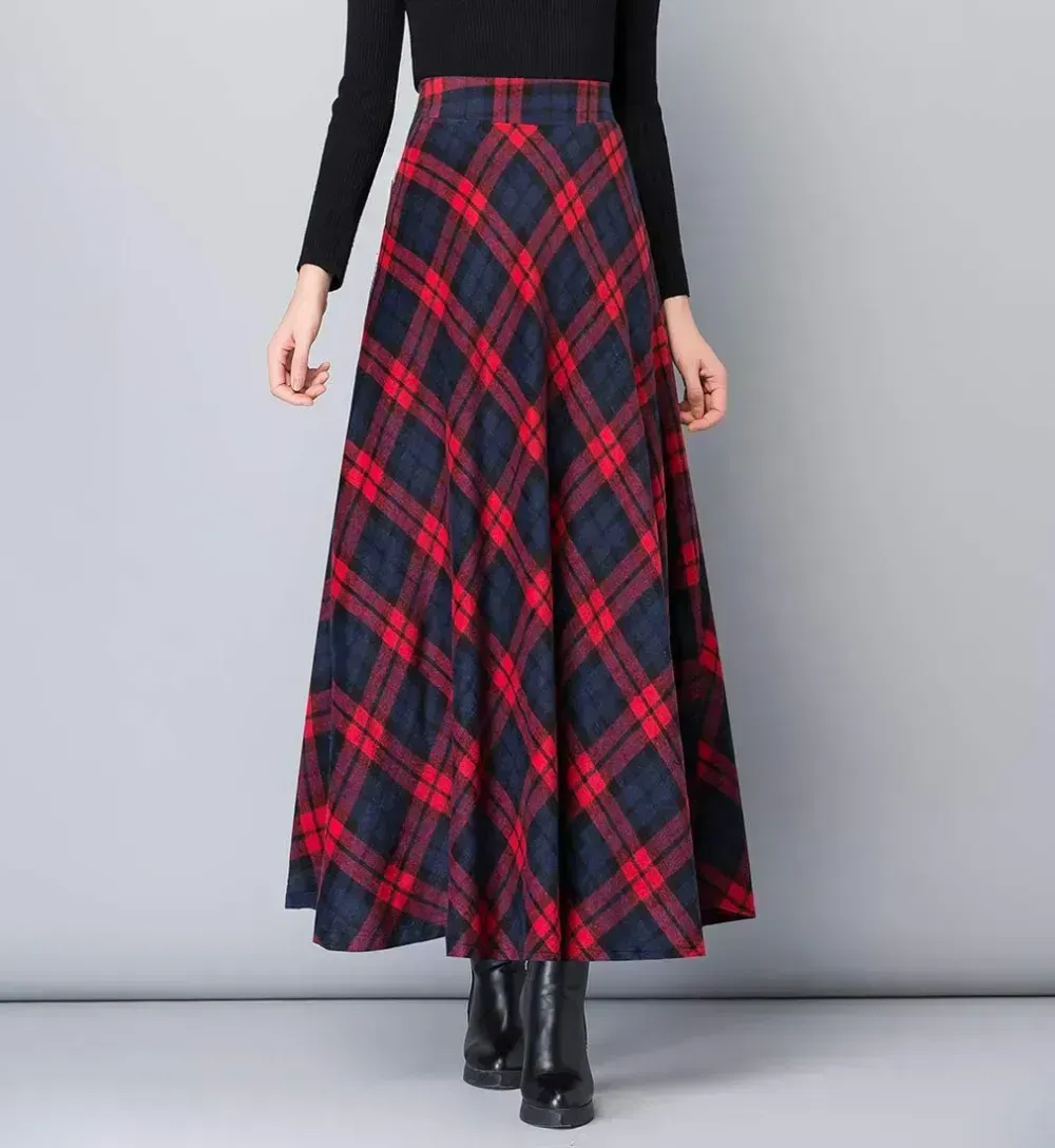 Women's Winter Elegant Warm Long Skirt Wool Maxi Skirts Elastic Waist A-Line High Waist Plaid Pleated Skirt S-3XL