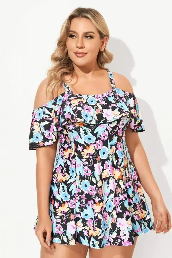 Floral Ruffle Cold Shoulder Women Swimdress