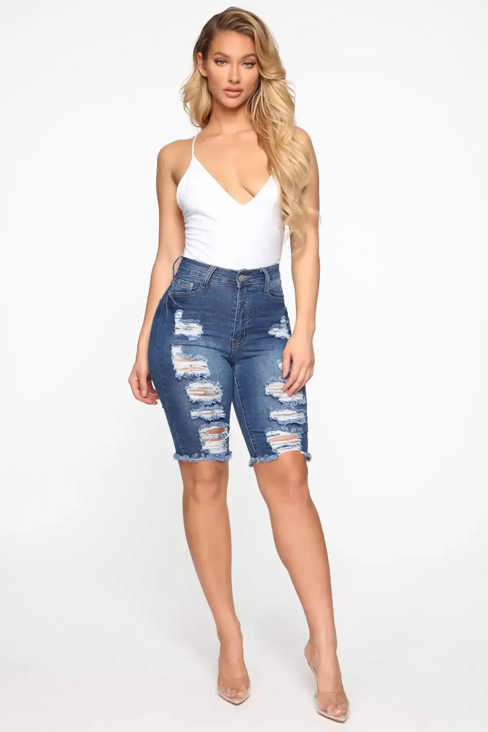 See Me Now Distressed Bermuda Shorts - Medium Blue Wash