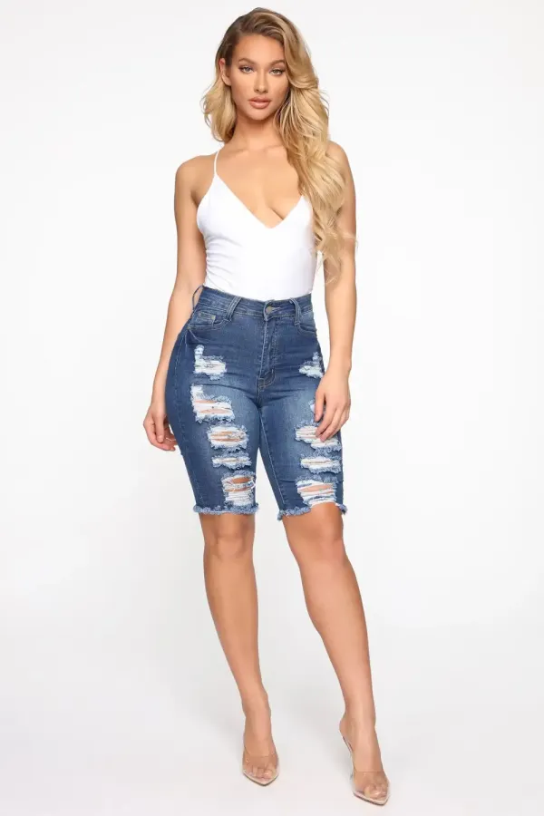 See Me Now Distressed Bermuda Shorts - Medium Blue Wash