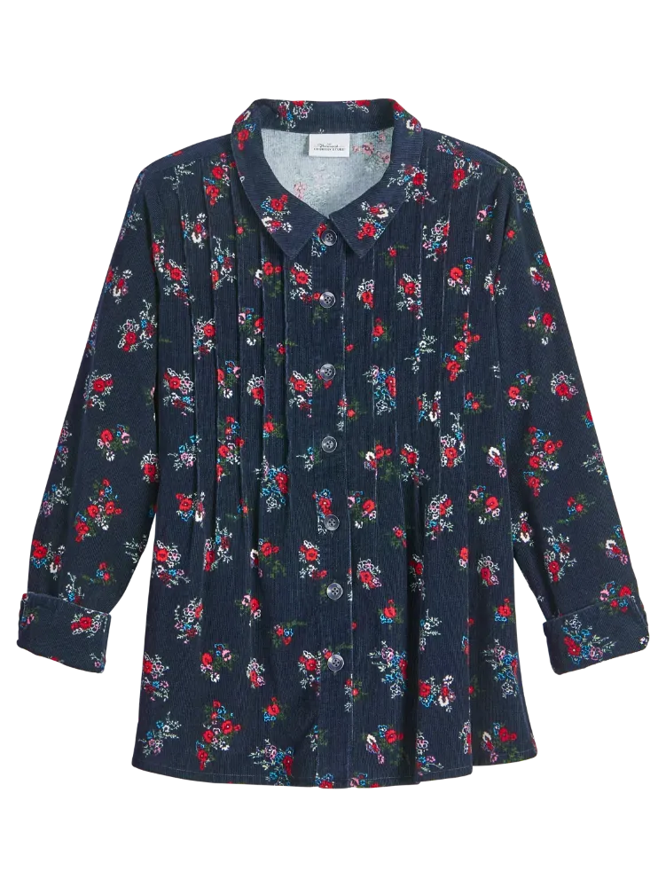 Women's Pintucked Floral Corduroy Tunic Top