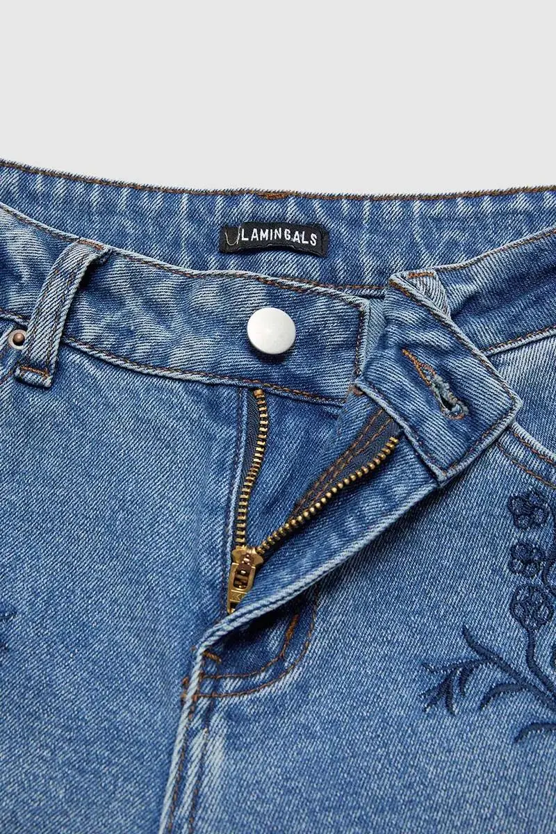 Wash Floral Embroidery Roll Hem Mid Rise Carrot Jeans