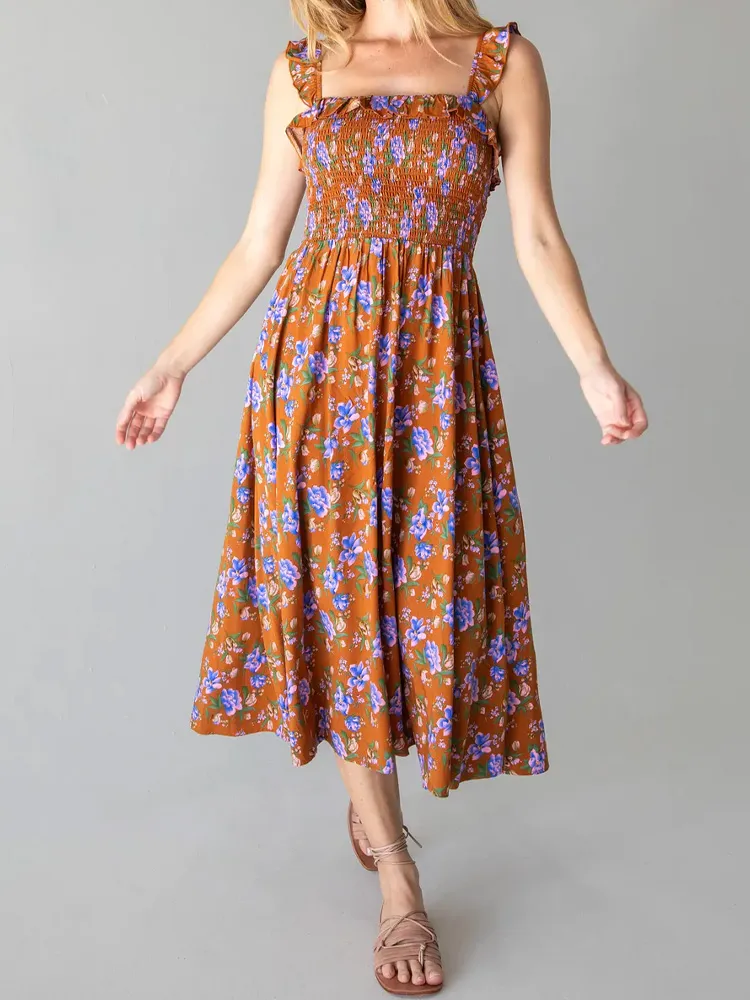Women's Casual Floral Print Cotton And Linen Dress