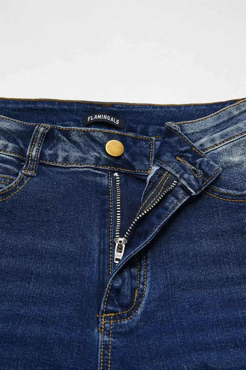 Raw Hem Embroidered Pocket High Waist Denim Mid Thigh Shorts