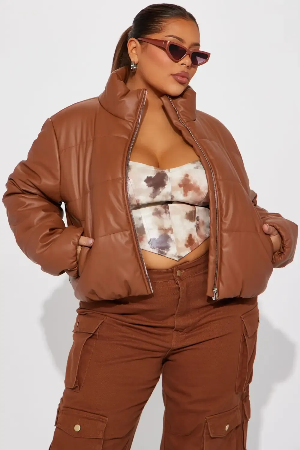 Vixen Faux Leather Puffer Jacket - Cognac
