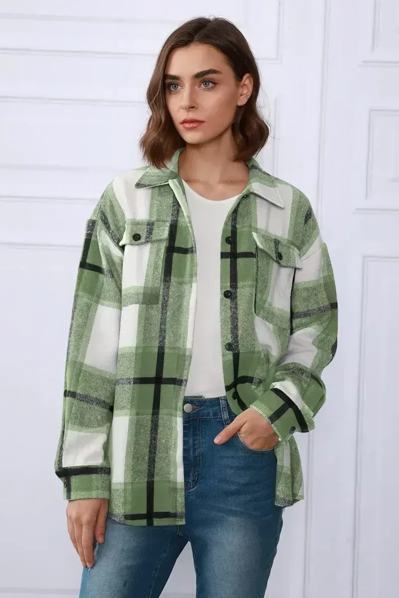 Womens Casual Plaid Shacket Button Down Long Sleeve Shirt