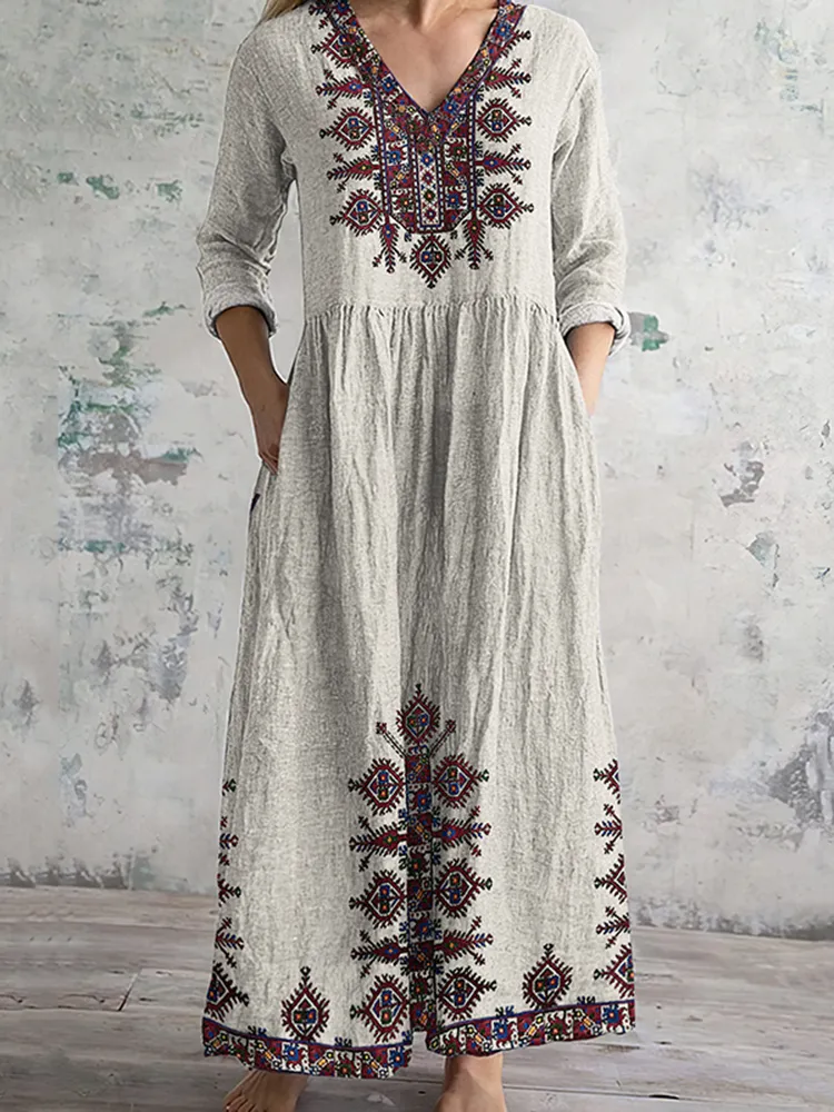 Vintage Cretan Pattern V-neck Linen Blend Midi Dress
