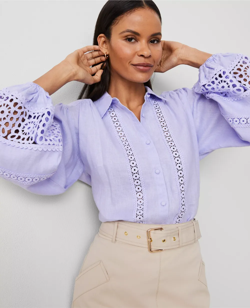Embroidered Linen Puff Sleeve Blouse