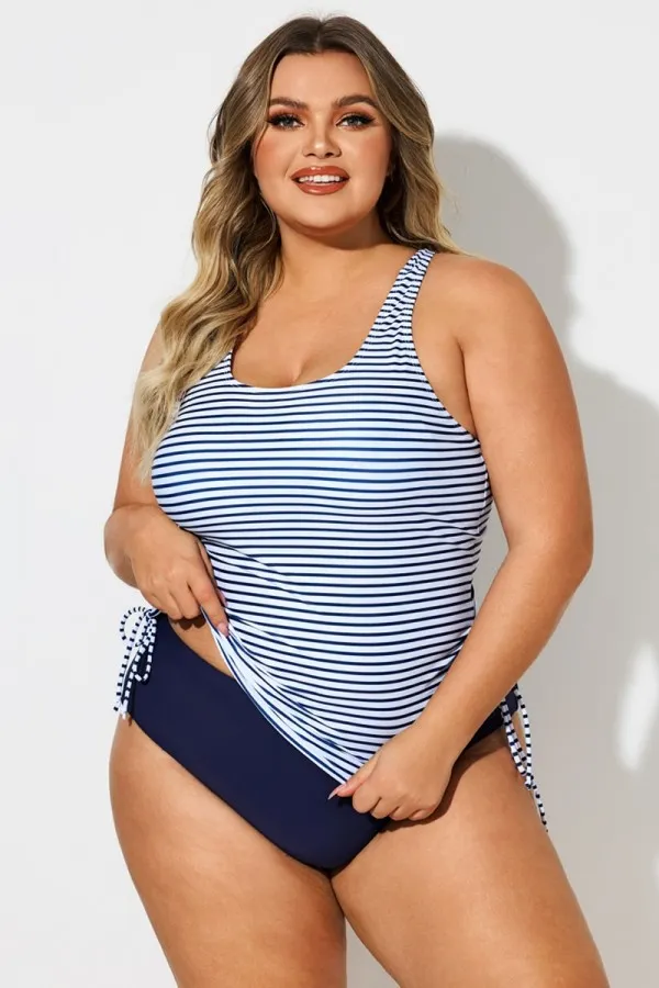 Plus Size Stripe Built-In Bra Racerback Tankini Top