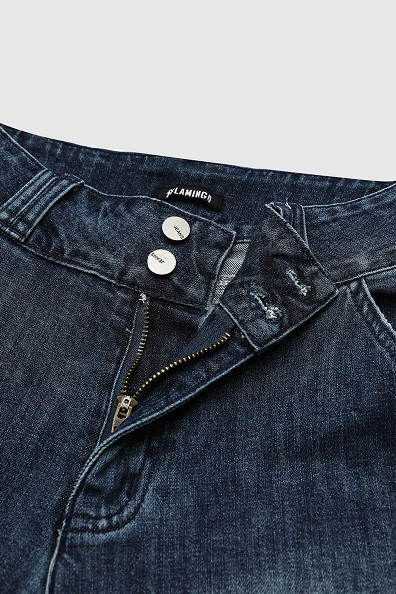 Double Button Roll Hem Mid Waist Crop Jeans
