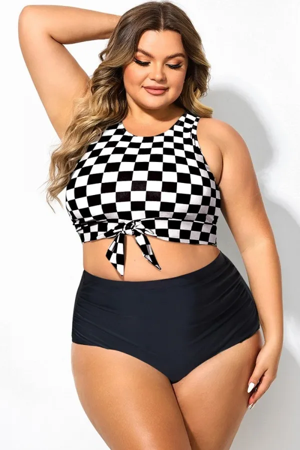 Plus Size Green Stripe Knotted Crop Bikini Top
