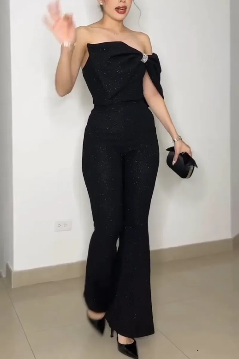 Women's Elegant Off-the-shoulder Glitter Bow Jumpsuit