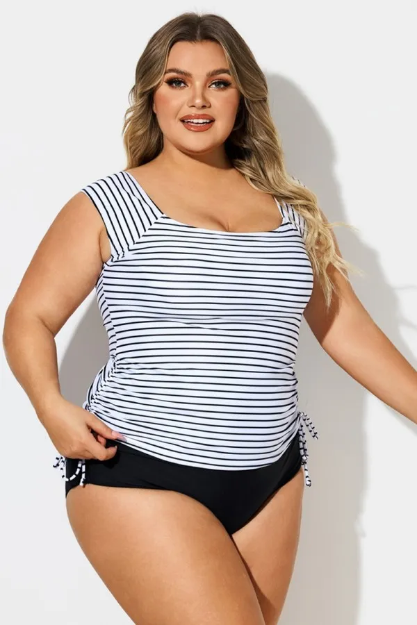 Black & White Stripes Tie Side Tankini Top