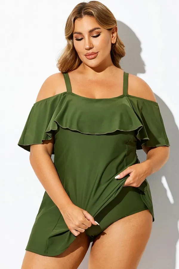Solid Green Square Neck Off-the-Shoulder Swimdress