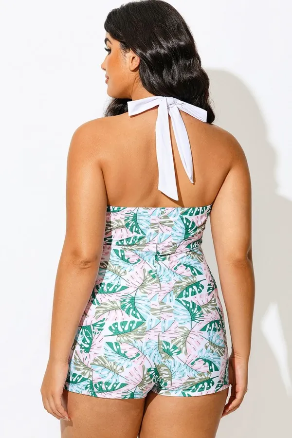 Plus Size Green Monstera Print One Piece Swimsuit