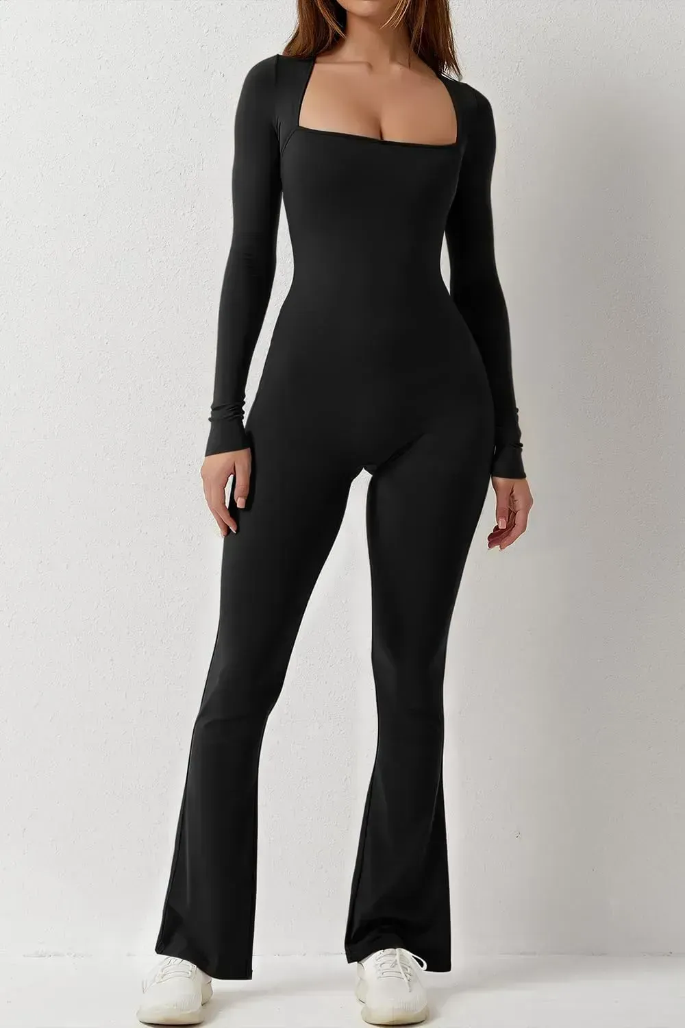Long Sleeve Jumpsuits for Women Square Neck Wide Leg Full Length Romper Playsuit