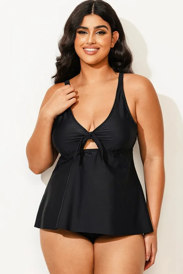 Black Sexy Tie Front Underwire Tankini Top