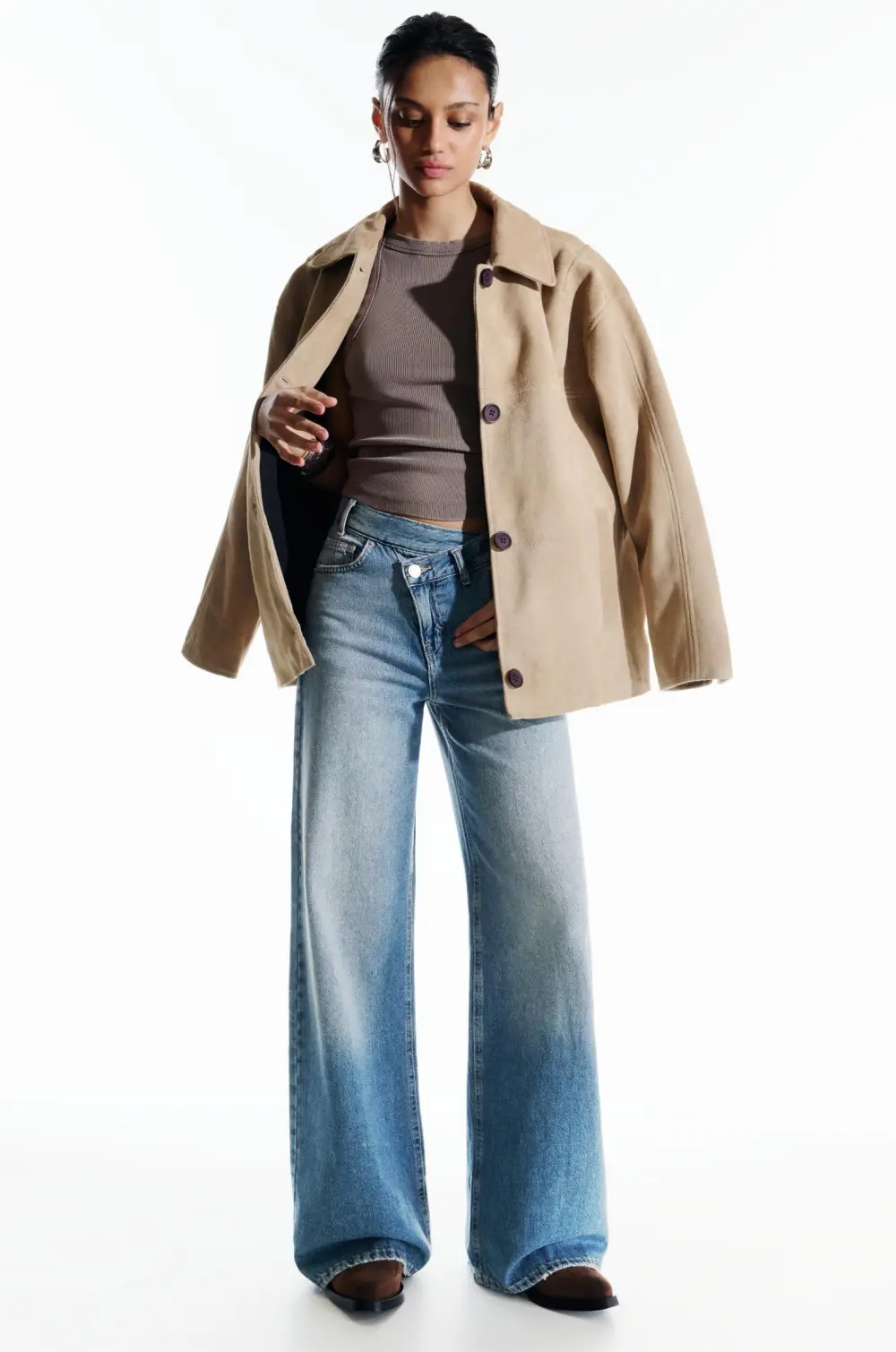 Jeans wide leg cintura cruzada