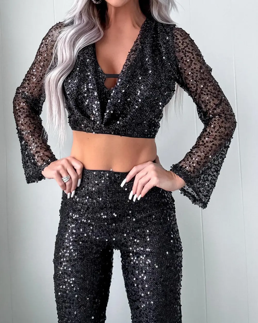 Sequin Fishnet Pant Set - Black