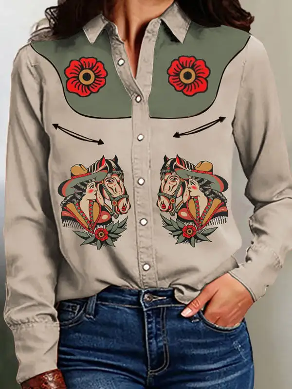 Women's Vintage Western Art Print Casual Linen Blouse