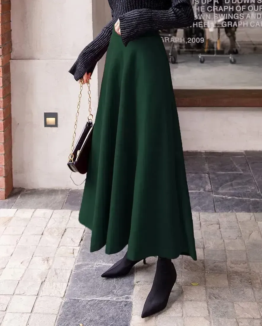 Women's Winter Elegant Warm Long Skirt Wool Maxi Skirts Elastic Waist A-Line High Waist Plaid Pleated Skirt S-3XL