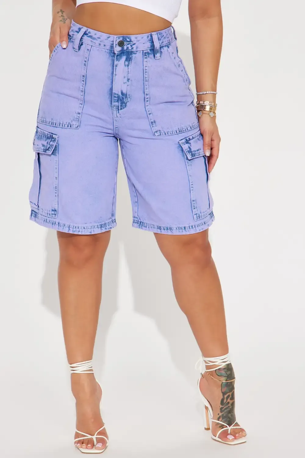 One More Time Non Stretch Cargo Denim Shorts - Purple