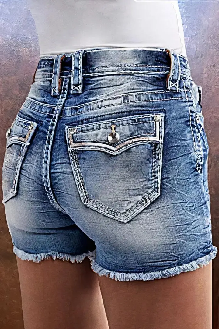 Wash Raw Hem Flap Pocket Mid Rise Denim Shorts