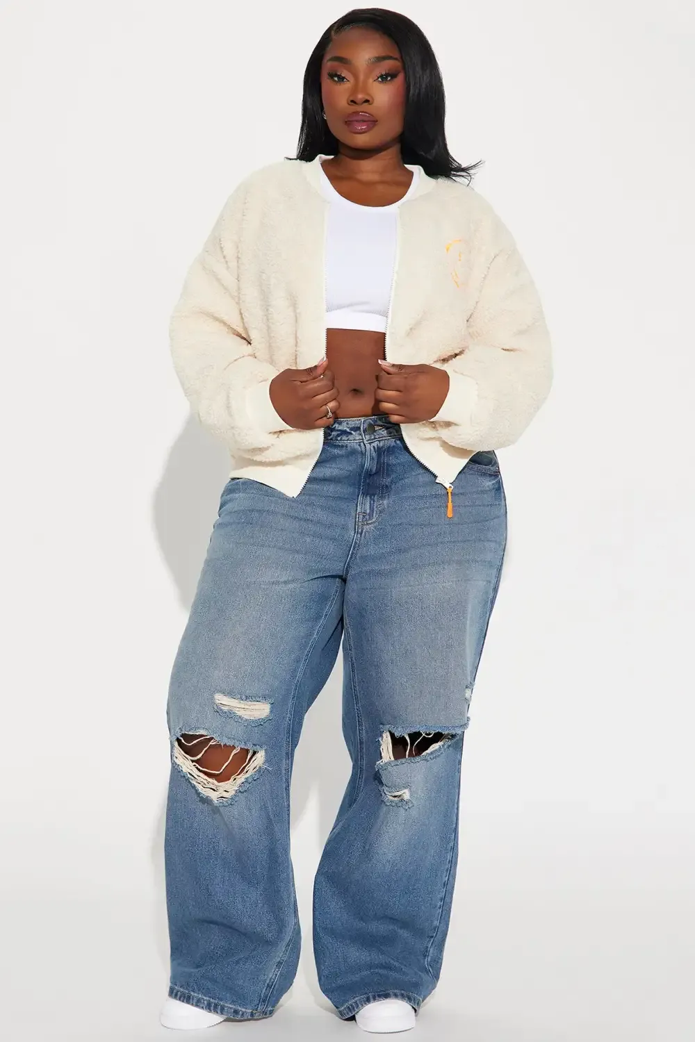 Fake Smiles Embroidered Sherpa Jacket - Cream