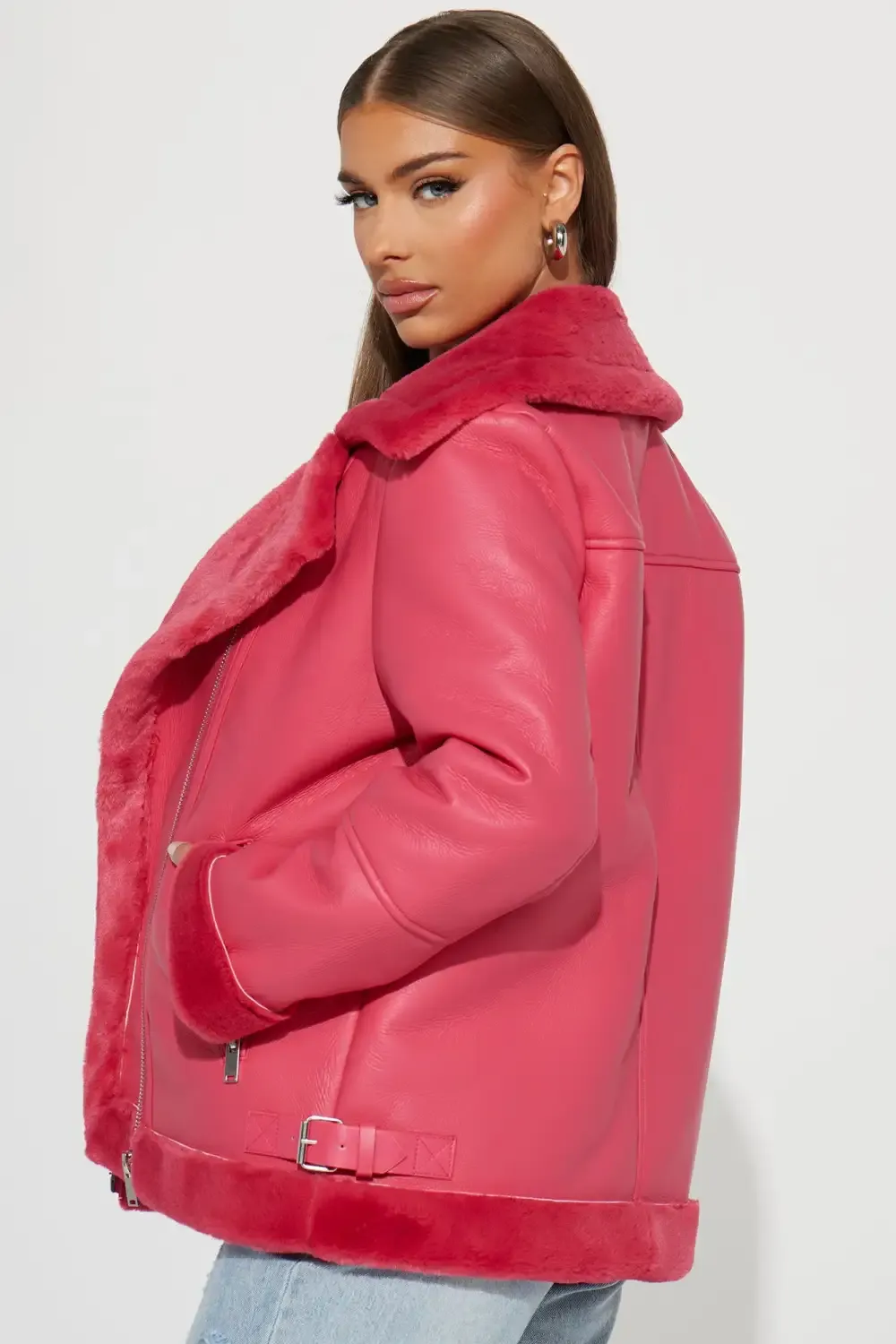 Chic Bad Ass Faux Leather Jacket - Hot Pink