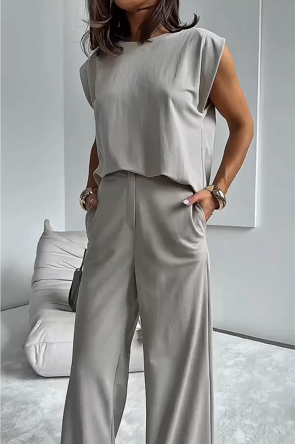 Women'S Stylish Casual Comfortable Short-Sleeved Top And Suit Pants Two-Piece Set