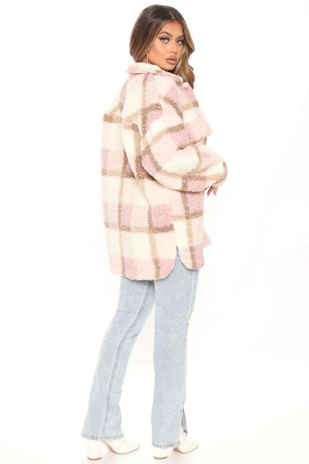 Sipping Coffee Sherpa Plaid Shacket - Mauve/combo