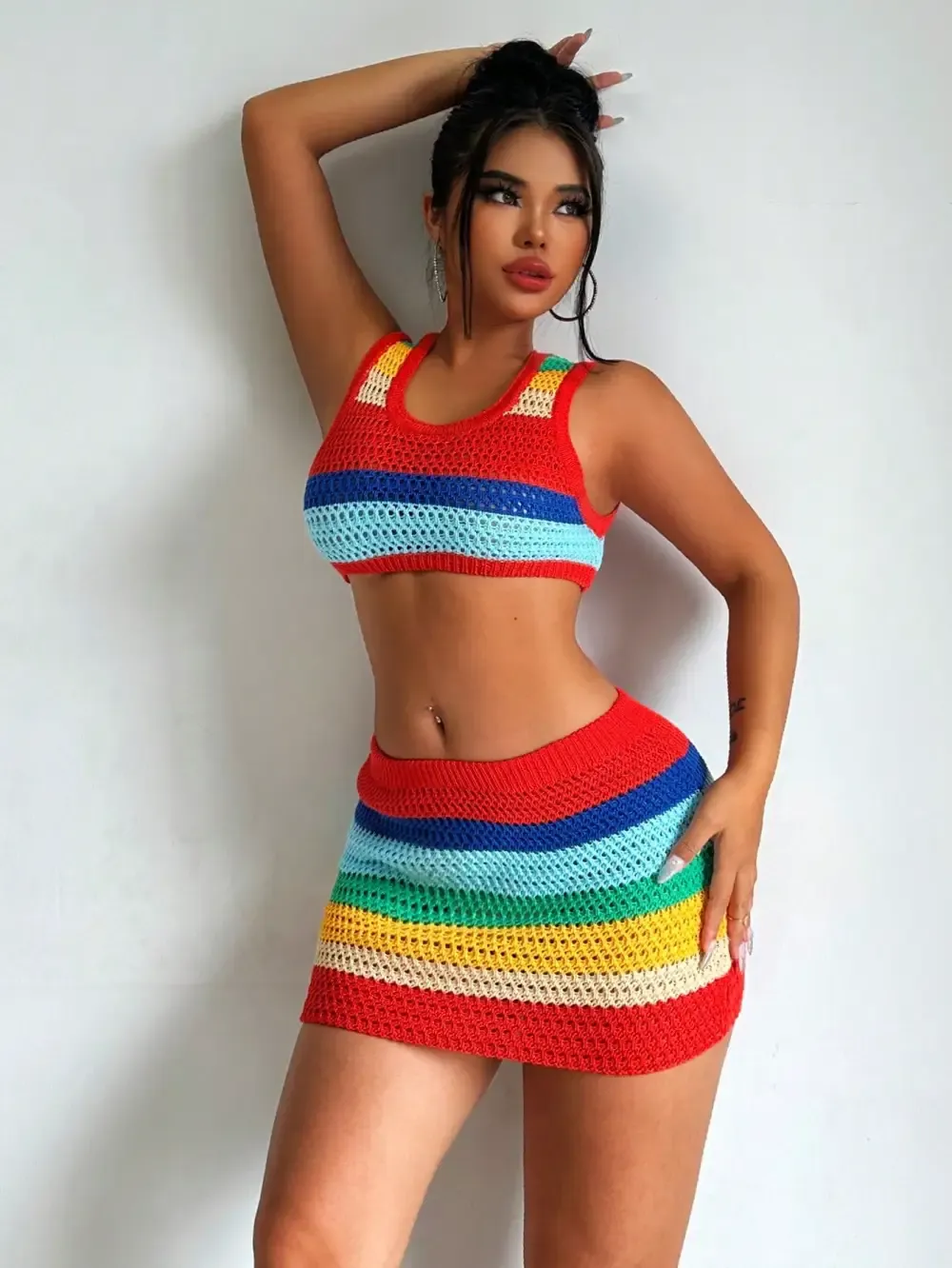 Women's Colorful Stripe Knitted Vest And Short Skirt Set
