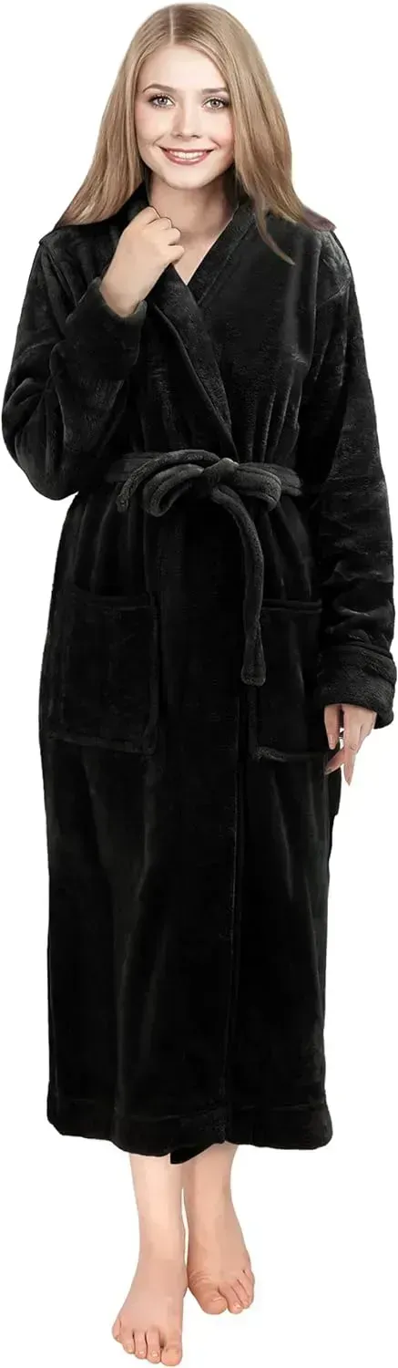 Women Fleece Shawl Collar Bathrobe - Plush Long Robe