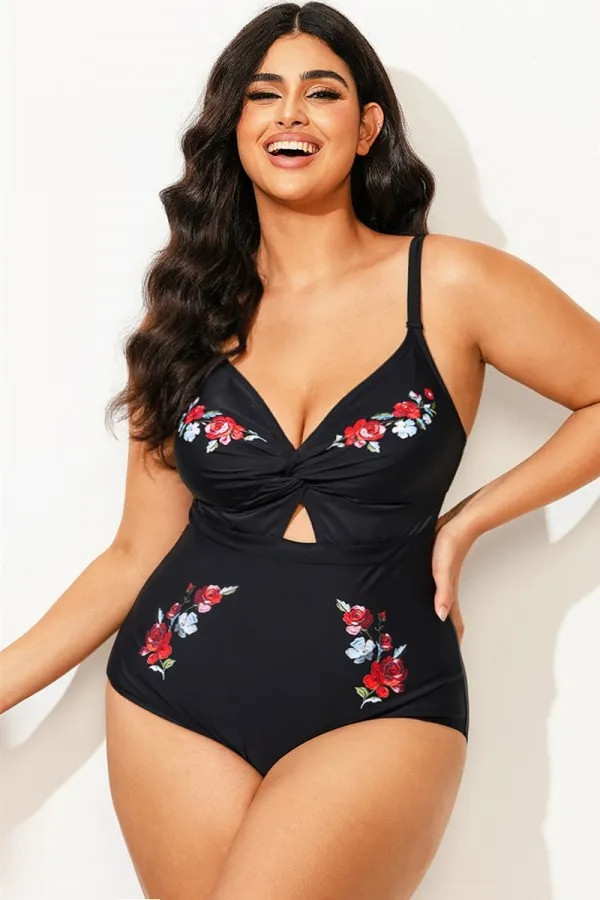 Black Flower Adjustable Straps Cut Out Front One Piece Swimsuit